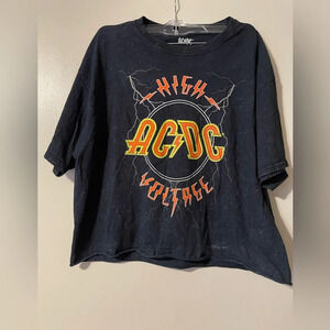 AC/DC High Voltage Black Cropped Short Sleeve T Shirt 100% Cotton Size Large